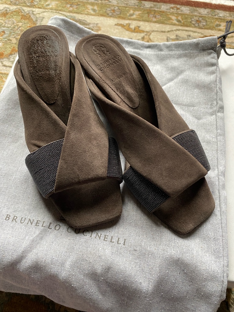 Brunello Cucinelli Brown Suede Wedge Sandal With Monili Detail 37.5